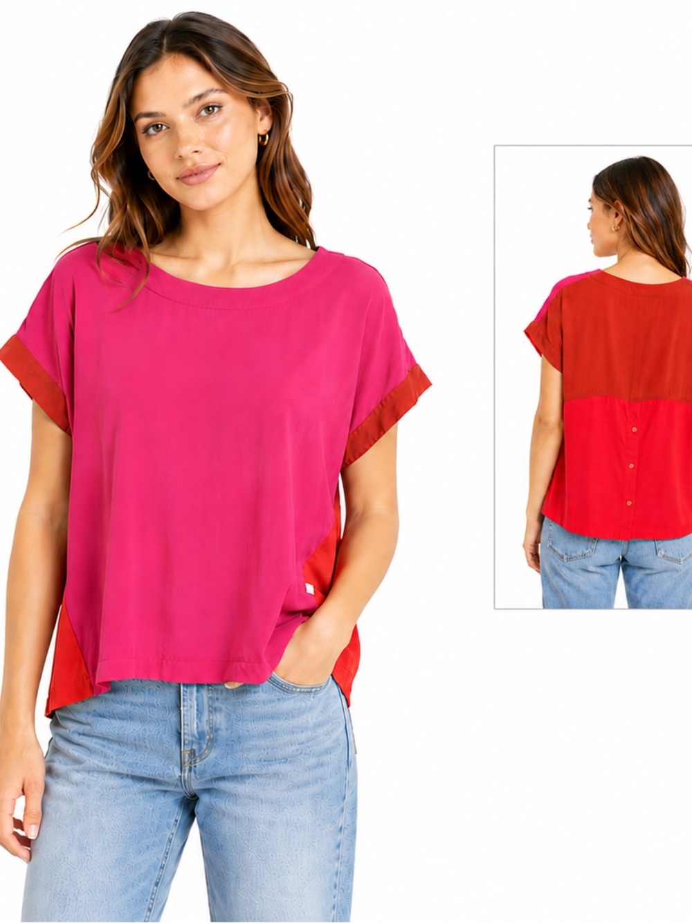 NOEN Nordic Lyocell Top Oversized Pink Orange Colorblock Artsy Lagenlook Size 8